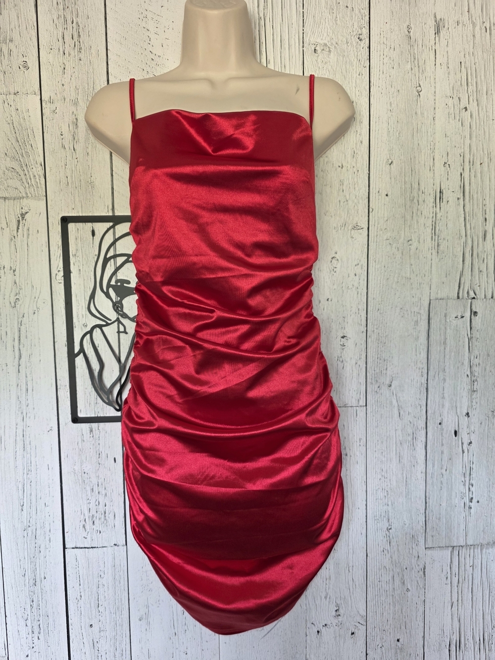 Forever 21 Red Satin Ruched Open Back Mini Dress Size Medium